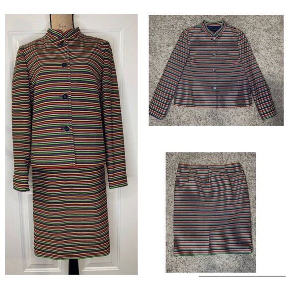 TALBOTS Two Piece Pencil Skirt Suit Set Rainbow Striped Career Office Formal 10 - Picture 1 of 15